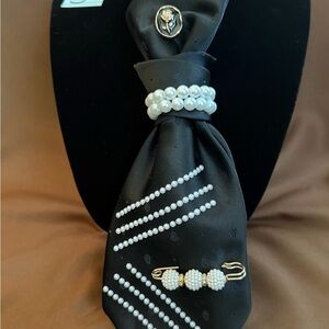 Black Pearl-Accent Necktie Scarf with Gold and White Bead Details